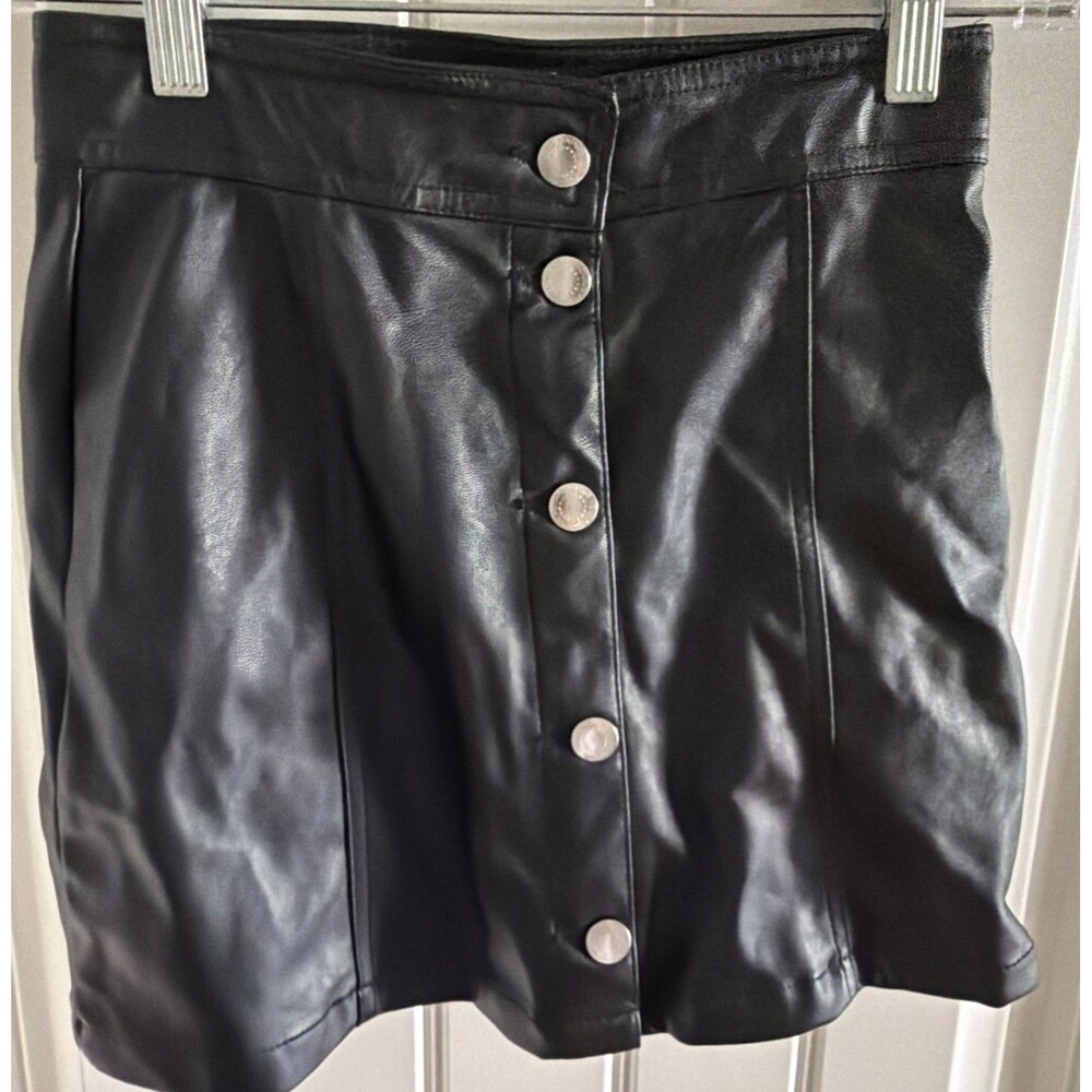 H&M Faux Leather Mini Skirt Youth 14 Black Button Front High Waist A-Line
